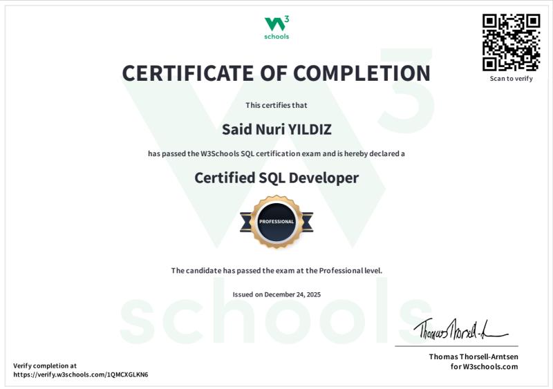 W3Schools Certified SQL Developer